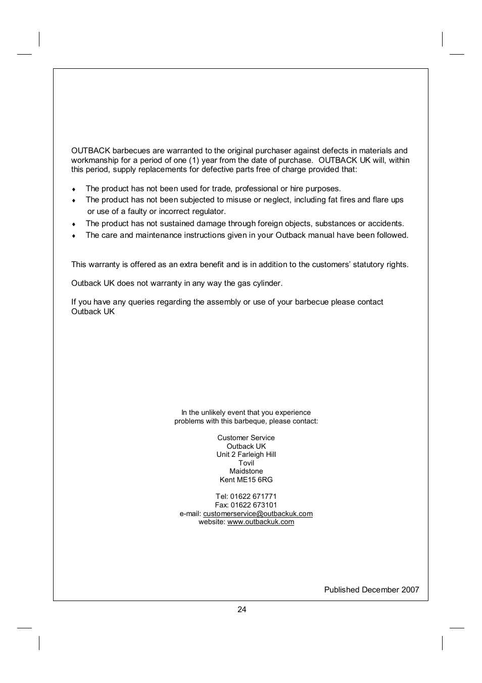 Outback uk ltd warranty | Outback Power Systems Excel 100 User Manual | Page 24 / 24