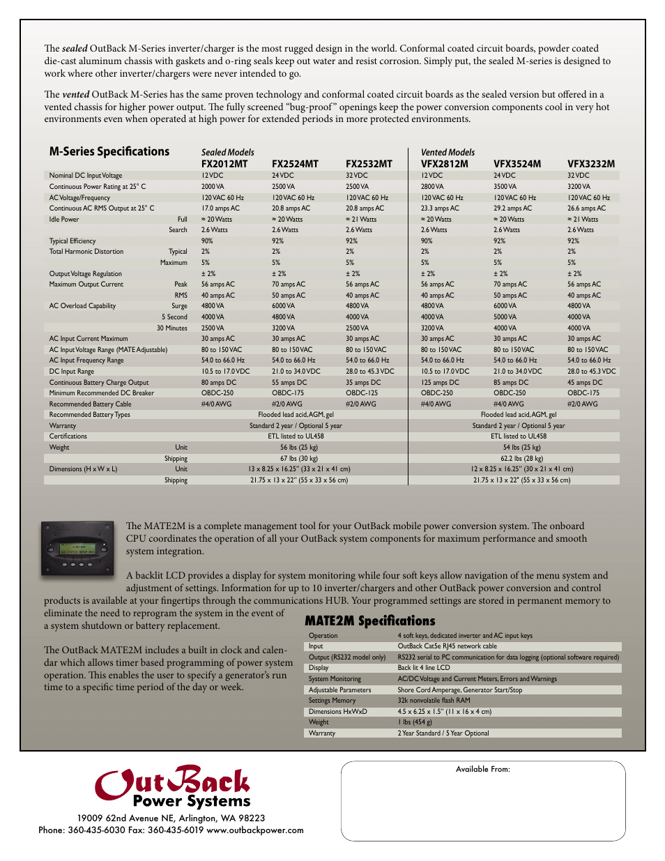 Mate2m speciﬁcations, M-series speciﬁcations, Sealed models vented models | Outback Power Systems M-Series User Manual | Page 2 / 2