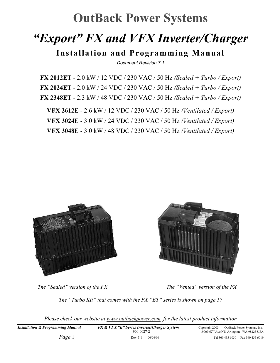 Outback Power Systems Inverter/Charger VFX2612E User Manual | 59 pages