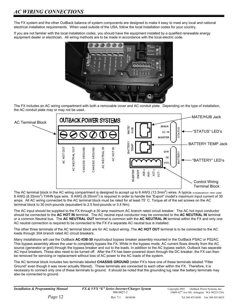 Ac wiring connections, Page 12 | Outback Power Systems Inverter/Charger VFX2612E User Manual | Page 12 / 59