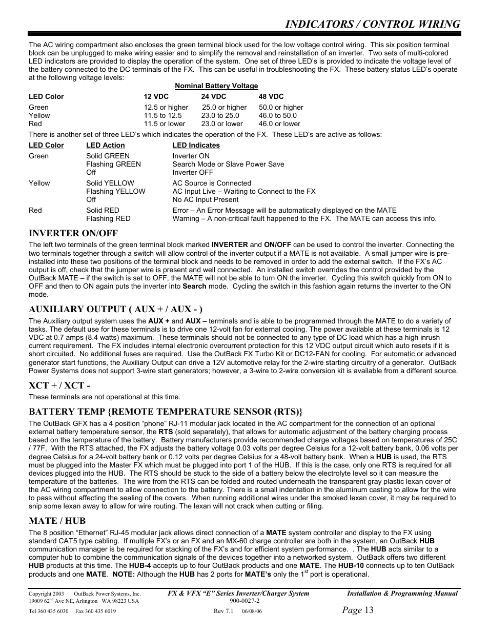 Indicators / control wiring, Page 13, Inverter on/off | Auxiliary output ( aux + / aux - ), Xct + / xct, Battery temp {remote temperature sensor (rts), Mate / hub | Outback Power Systems Inverter/Charger VFX2612E User Manual | Page 13 / 59
