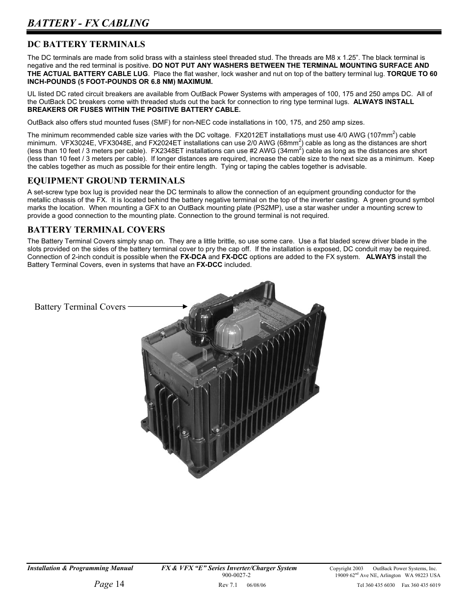 Battery - fx cabling, Page 14, Dc battery terminals | Equipment ground terminals, Battery terminal covers | Outback Power Systems Inverter/Charger VFX2612E User Manual | Page 14 / 59
