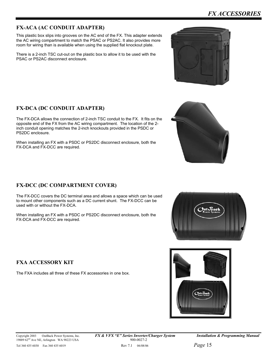 Fx accessories, Page 15, Fx-aca (ac conduit adapter) | Fx-dca (dc conduit adapter), Fx-dcc (dc compartment cover), Fxa accessory kit | Outback Power Systems Inverter/Charger VFX2612E User Manual | Page 15 / 59