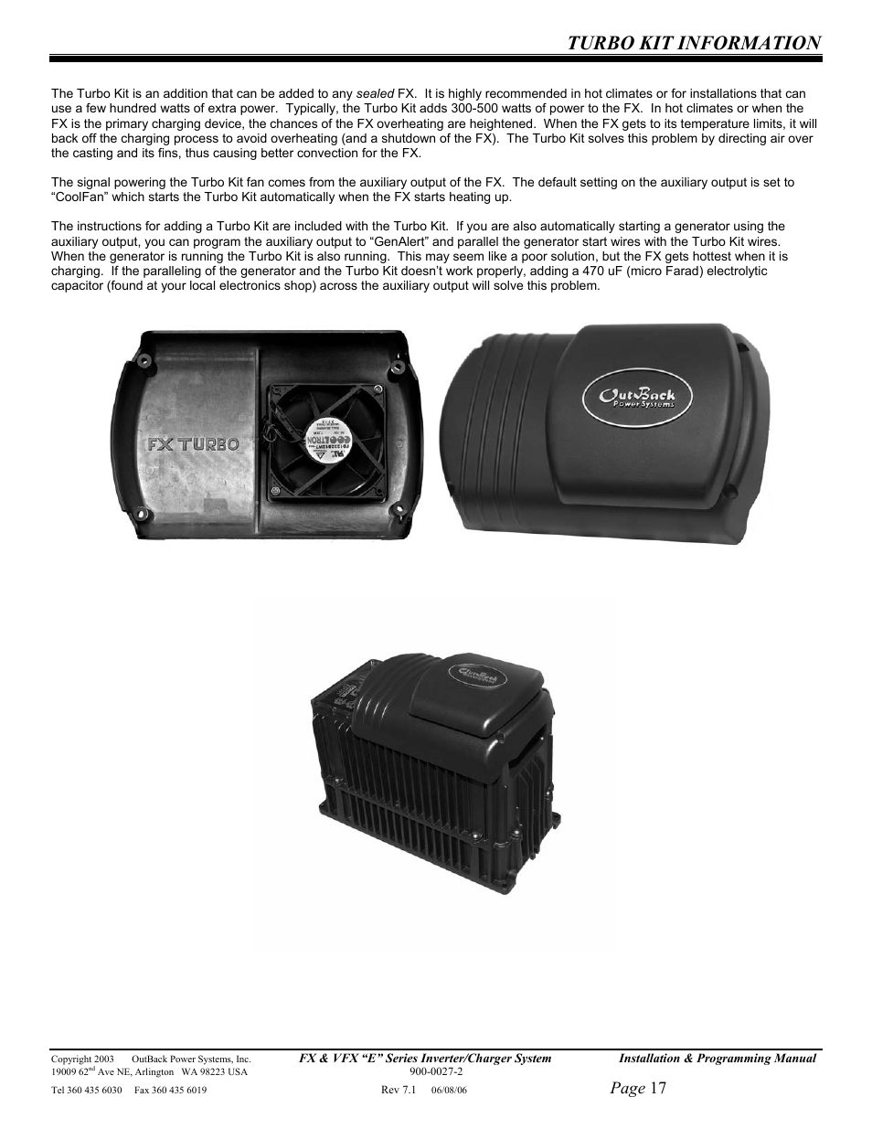 Turbo kit information, Page 17 | Outback Power Systems Inverter/Charger VFX2612E User Manual | Page 17 / 59