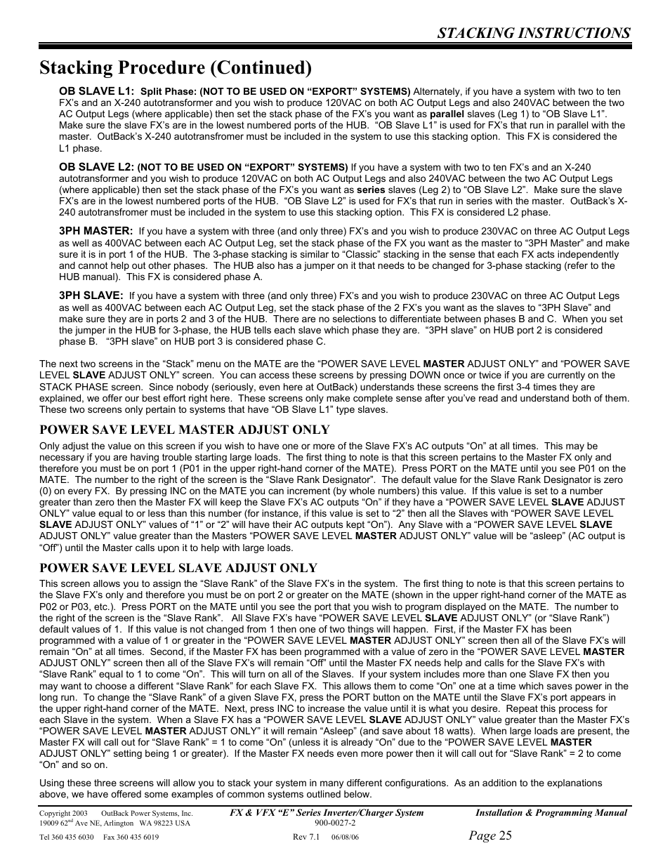 Stacking procedure (continued), Stacking instructions, Page 25 | Power save level master adjust only, Power save level slave adjust only | Outback Power Systems Inverter/Charger VFX2612E User Manual | Page 25 / 59