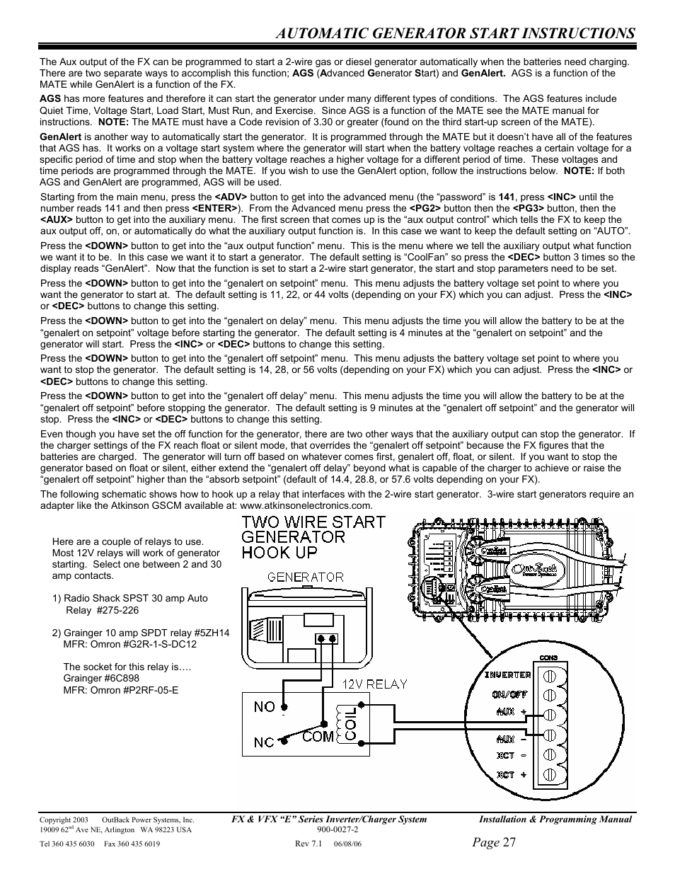 Automatic generator start instructions, Page 27 | Outback Power Systems Inverter/Charger VFX2612E User Manual | Page 27 / 59