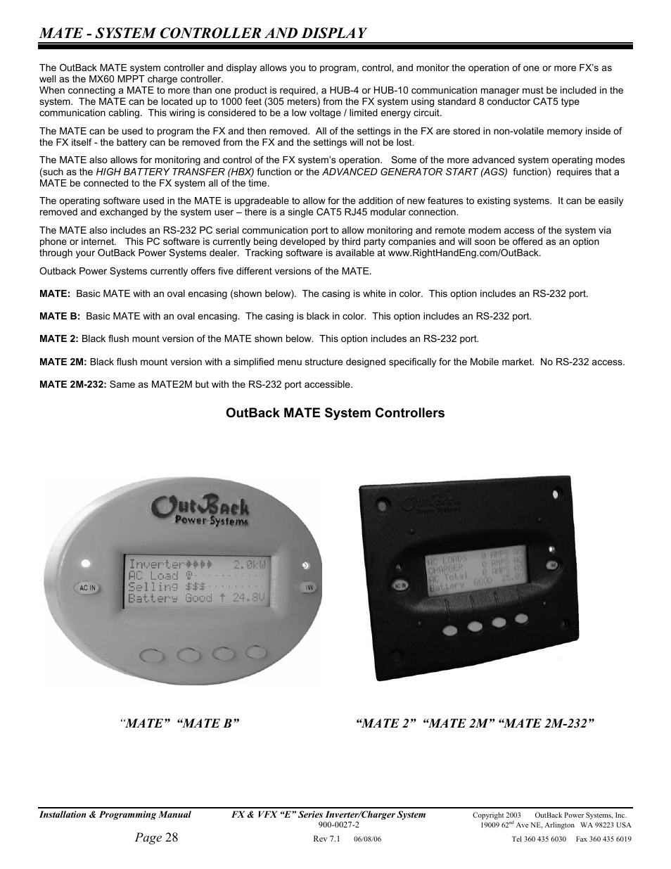 Mate - system controller and display | Outback Power Systems Inverter/Charger VFX2612E User Manual | Page 28 / 59