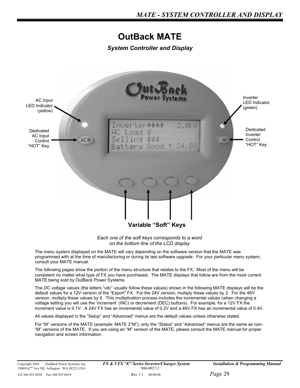 Outback mate, Mate - system controller and display, Page 29 | System controller and display, Variable “soft” keys | Outback Power Systems Inverter/Charger VFX2612E User Manual | Page 29 / 59