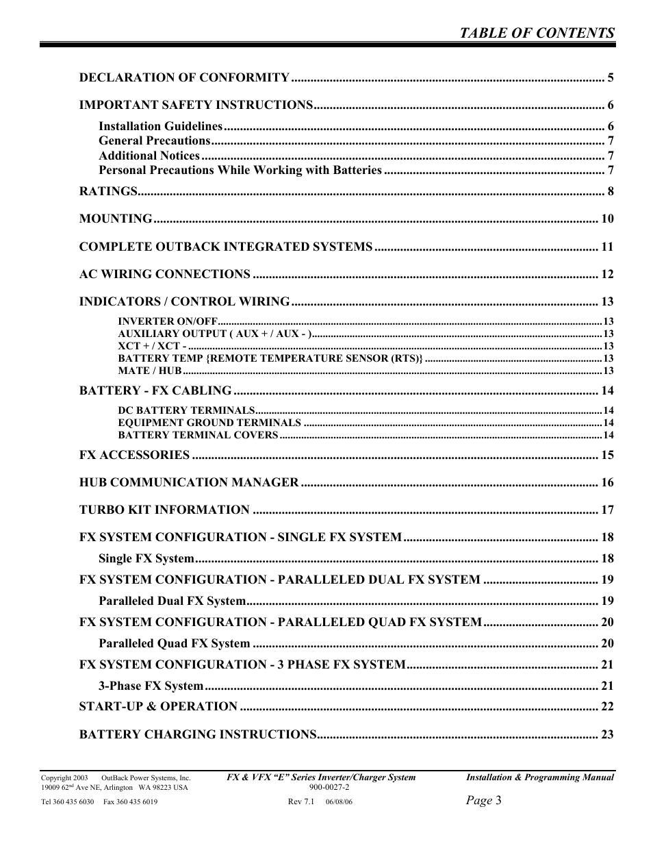 Outback Power Systems Inverter/Charger VFX2612E User Manual | Page 3 / 59