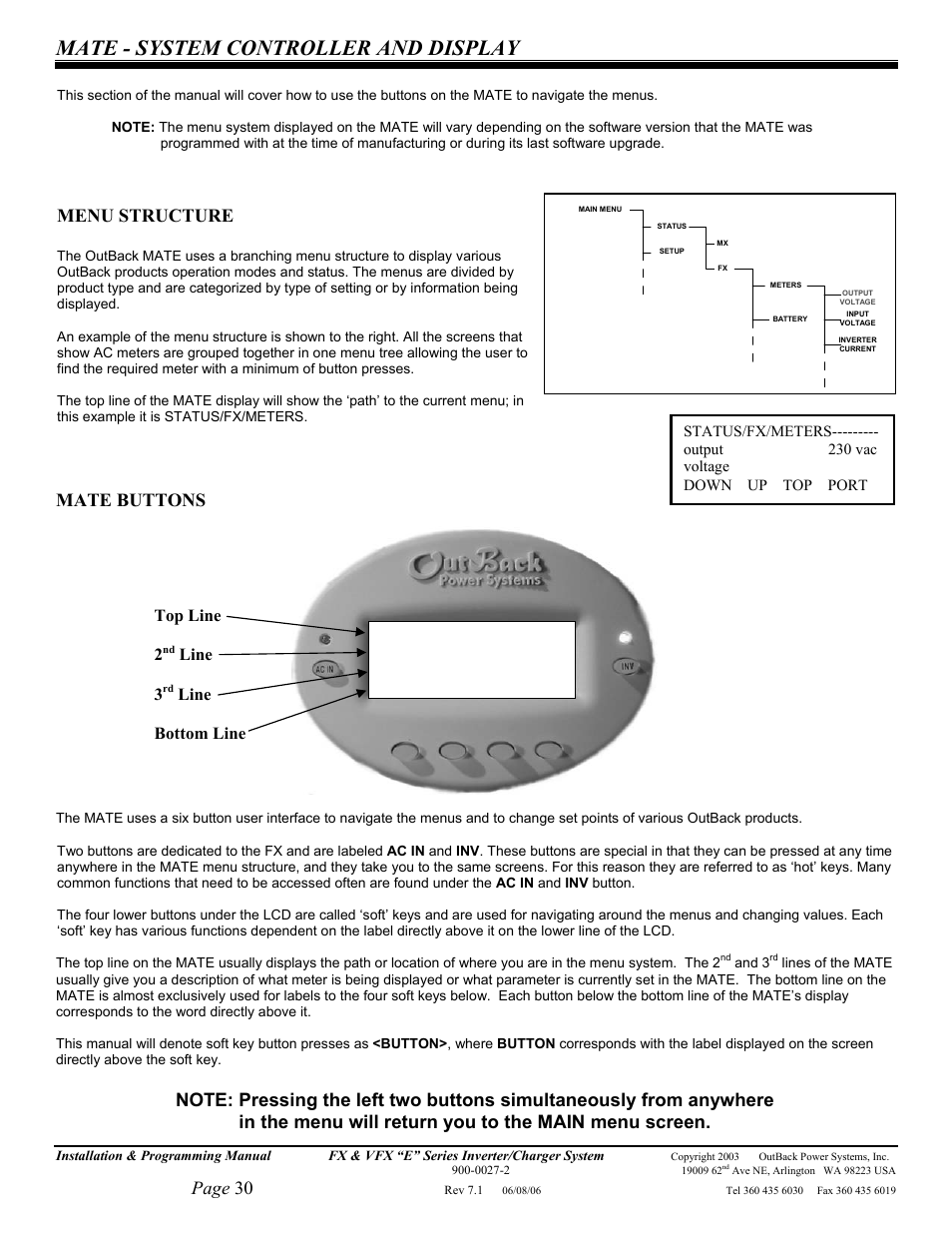 Mate - system controller and display, Page 30, Menu structure | Mate buttons, Top line 2, Line 3, Line bottom line | Outback Power Systems Inverter/Charger VFX2612E User Manual | Page 30 / 59