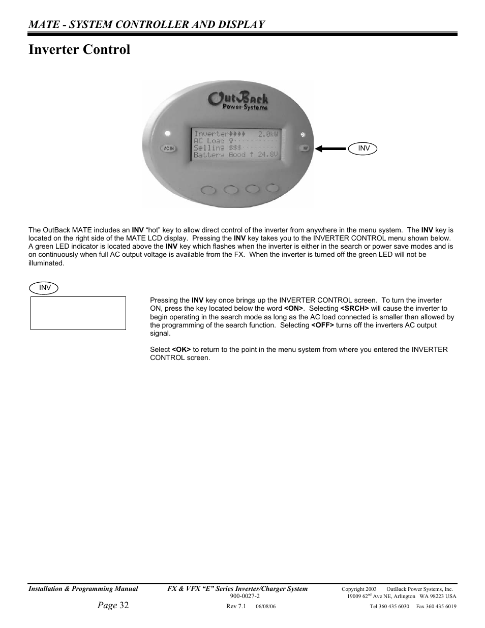 Inverter control, Mate - system controller and display, Page 32 | Outback Power Systems Inverter/Charger VFX2612E User Manual | Page 32 / 59