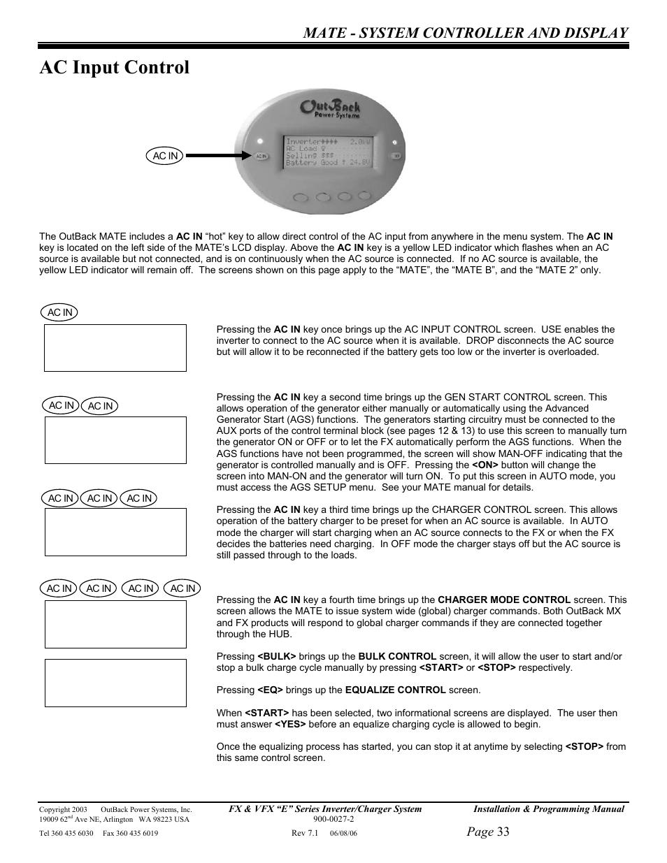 Ac input control, Mate - system controller and display, Page 33 | Outback Power Systems Inverter/Charger VFX2612E User Manual | Page 33 / 59