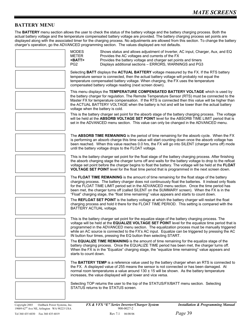 Mate screens, Page 39, Battery menu | Outback Power Systems Inverter/Charger VFX2612E User Manual | Page 39 / 59