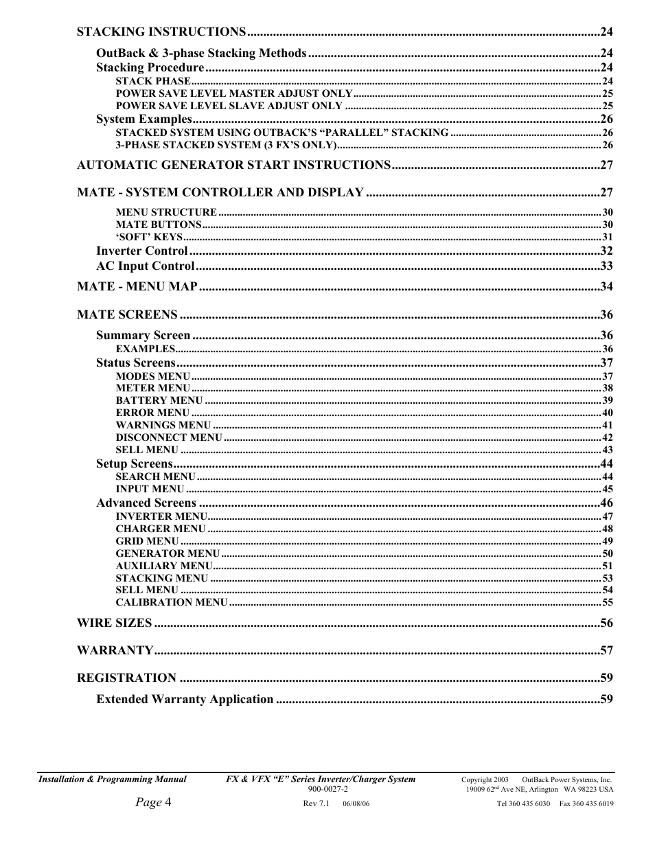 Outback Power Systems Inverter/Charger VFX2612E User Manual | Page 4 / 59