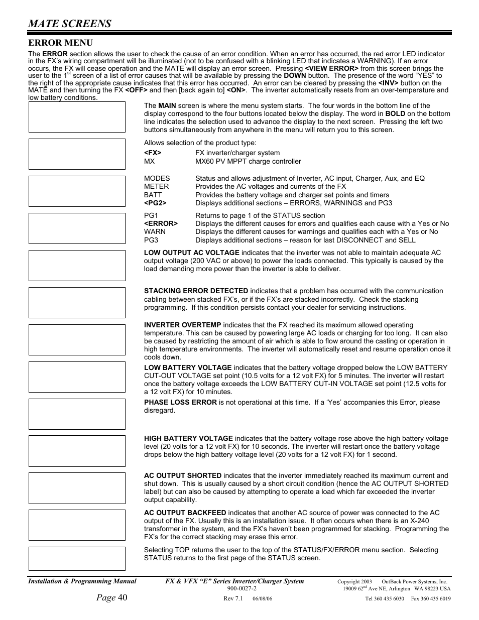 Mate screens, Page 40, Error menu | Outback Power Systems Inverter/Charger VFX2612E User Manual | Page 40 / 59
