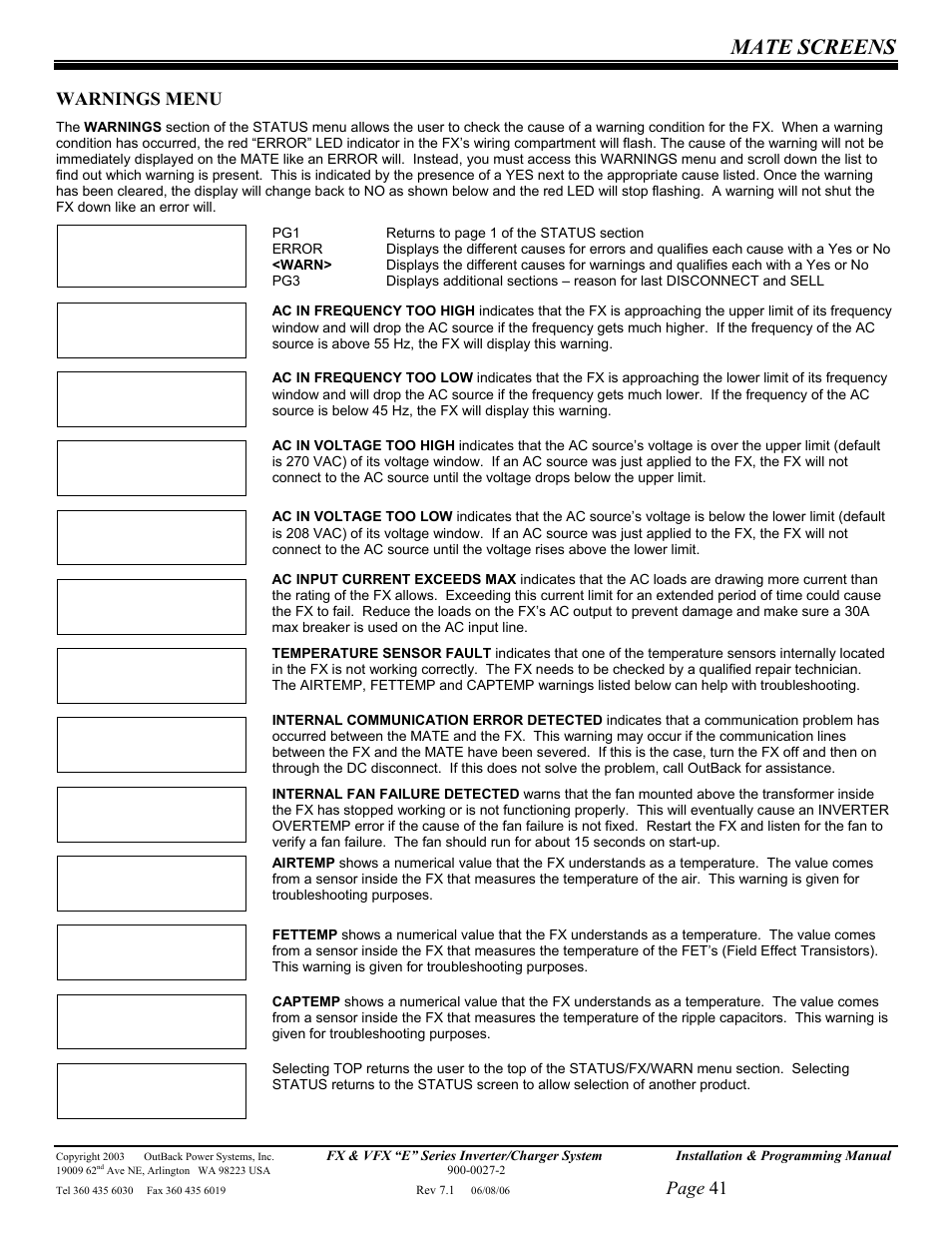 Mate screens, Page 41, Warnings menu | Outback Power Systems Inverter/Charger VFX2612E User Manual | Page 41 / 59