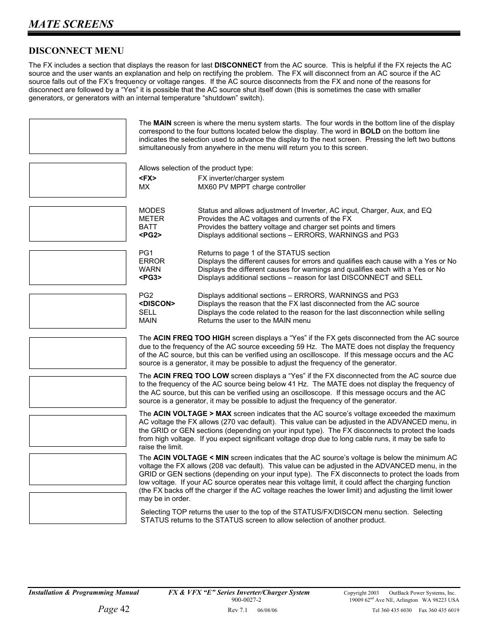 Mate screens, Page 42, Disconnect menu | Outback Power Systems Inverter/Charger VFX2612E User Manual | Page 42 / 59