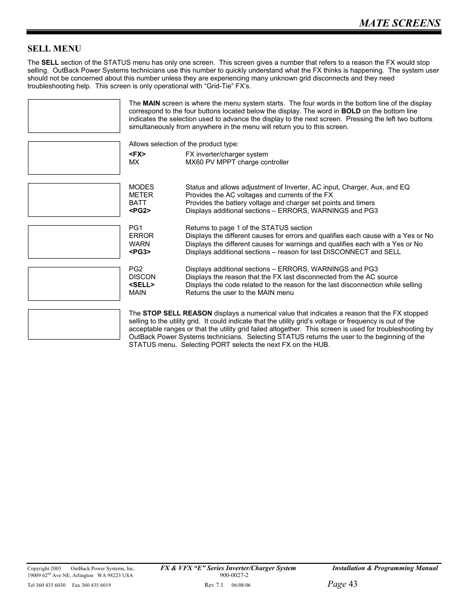 Mate screens, Page 43, Sell menu | Outback Power Systems Inverter/Charger VFX2612E User Manual | Page 43 / 59