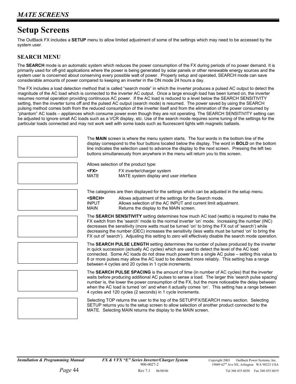 Setup screens, Mate screens, Page 44 | Search menu | Outback Power Systems Inverter/Charger VFX2612E User Manual | Page 44 / 59