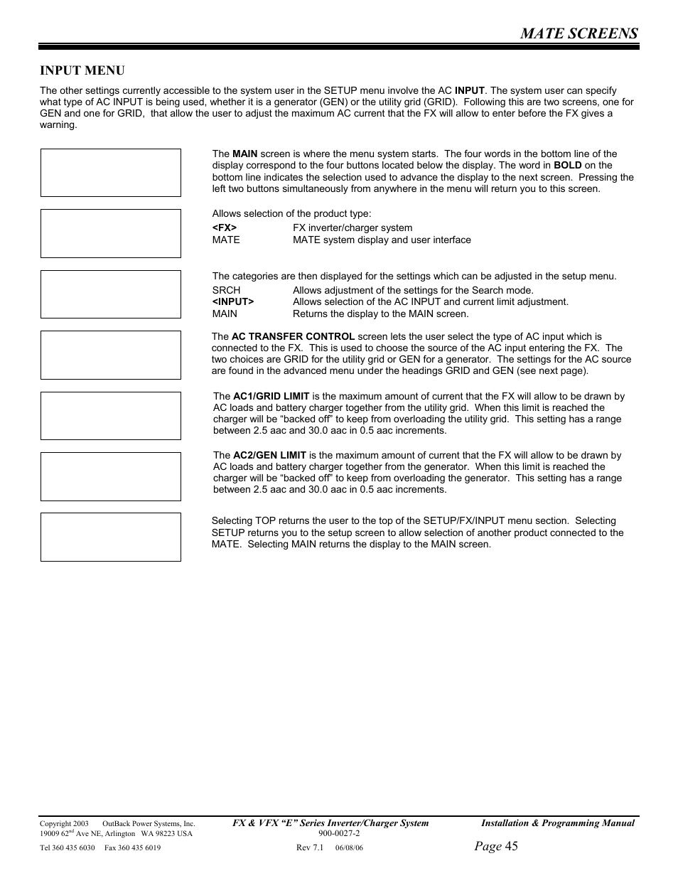 Mate screens, Page 45, Input menu | Outback Power Systems Inverter/Charger VFX2612E User Manual | Page 45 / 59