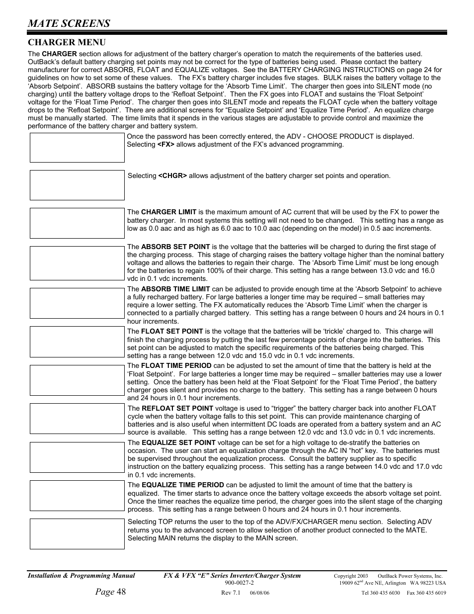 Mate screens, Page 48, Charger menu | Outback Power Systems Inverter/Charger VFX2612E User Manual | Page 48 / 59