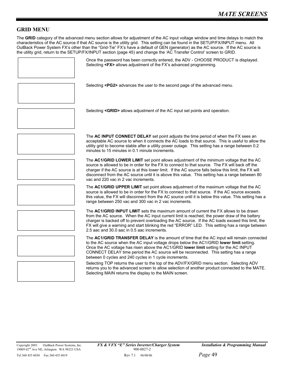 Mate screens, Page 49, Grid menu | Outback Power Systems Inverter/Charger VFX2612E User Manual | Page 49 / 59