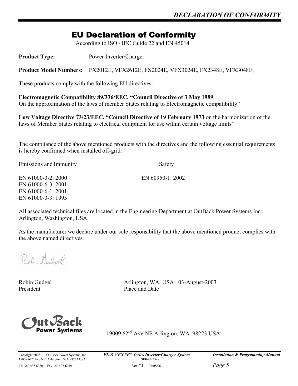 Eu declaration of conformity, Declaration of conformity | Outback Power Systems Inverter/Charger VFX2612E User Manual | Page 5 / 59