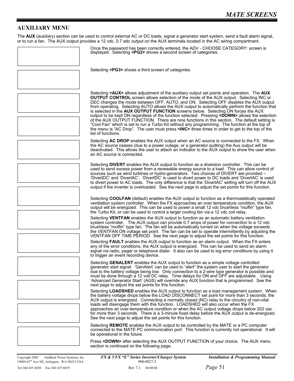 Mate screens, Page 51, Auxiliary menu | Outback Power Systems Inverter/Charger VFX2612E User Manual | Page 51 / 59