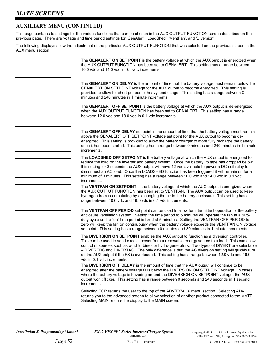 Mate screens | Outback Power Systems Inverter/Charger VFX2612E User Manual | Page 52 / 59