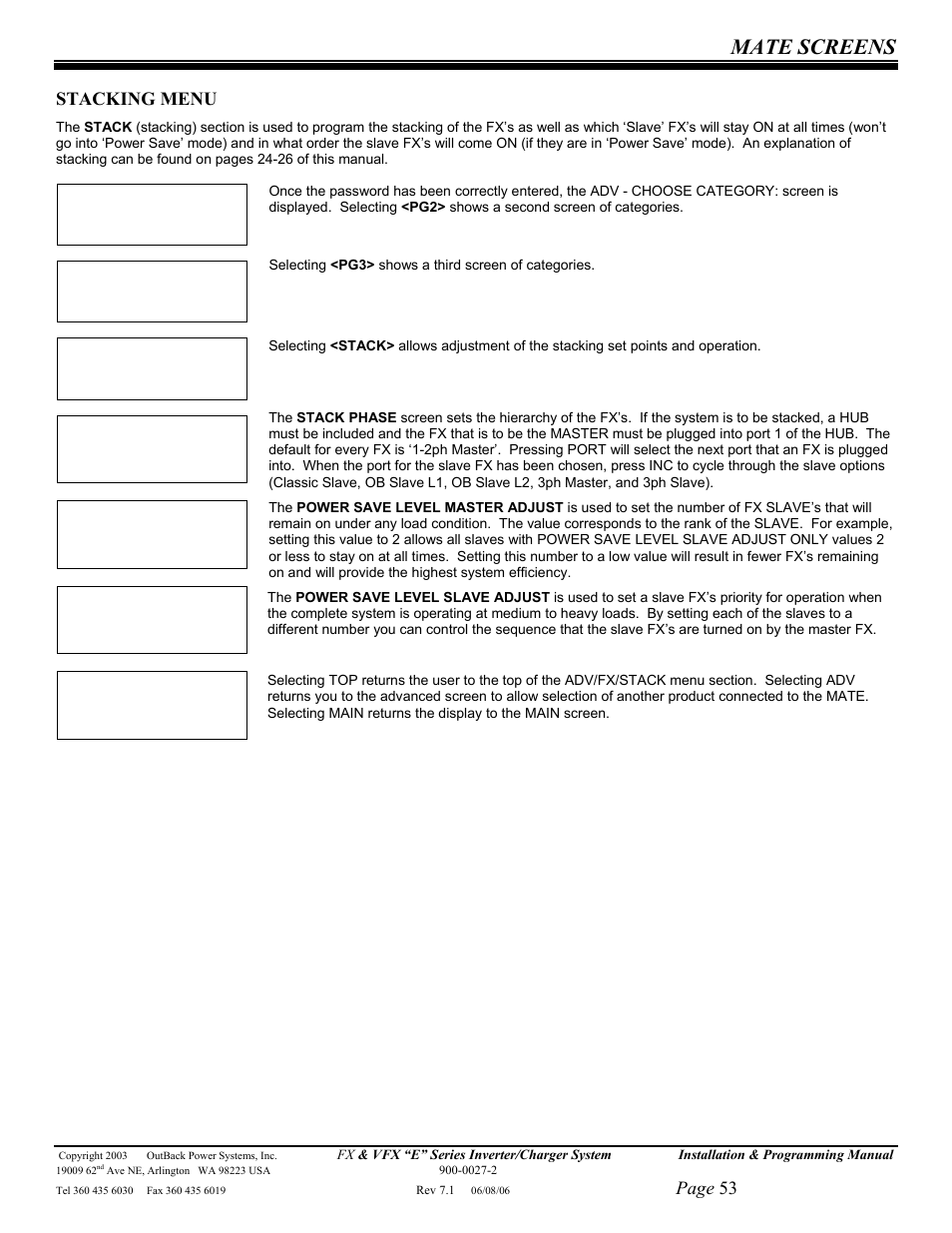 Mate screens, Page 53, Stacking menu | Outback Power Systems Inverter/Charger VFX2612E User Manual | Page 53 / 59