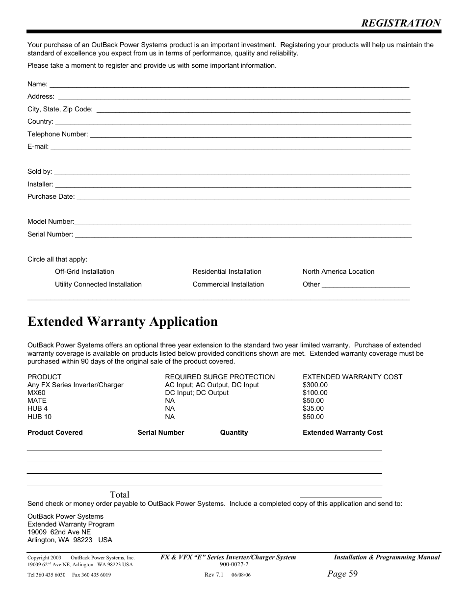 Extended warranty application, Registration | Outback Power Systems Inverter/Charger VFX2612E User Manual | Page 59 / 59