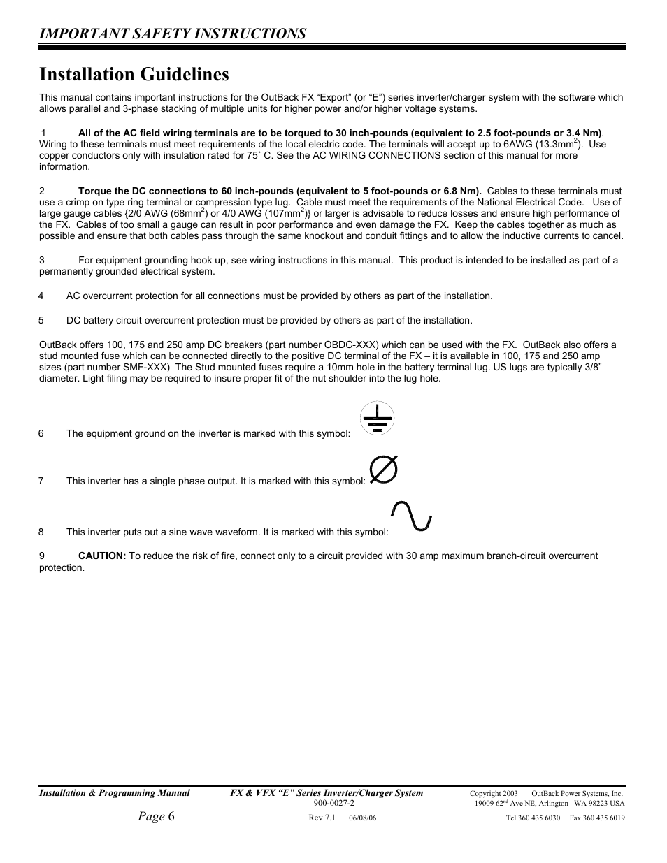 Installation guidelines, Important safety instructions, Page 6 | Outback Power Systems Inverter/Charger VFX2612E User Manual | Page 6 / 59