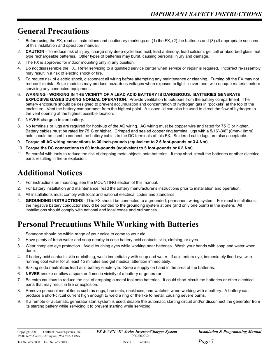 General precautions, Additional notices, Personal precautions while working with batteries | Important safety instructions, Page 7 | Outback Power Systems Inverter/Charger VFX2612E User Manual | Page 7 / 59