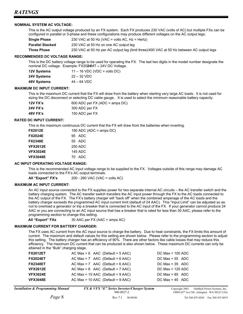Ratings, Page 8 | Outback Power Systems Inverter/Charger VFX2612E User Manual | Page 8 / 59