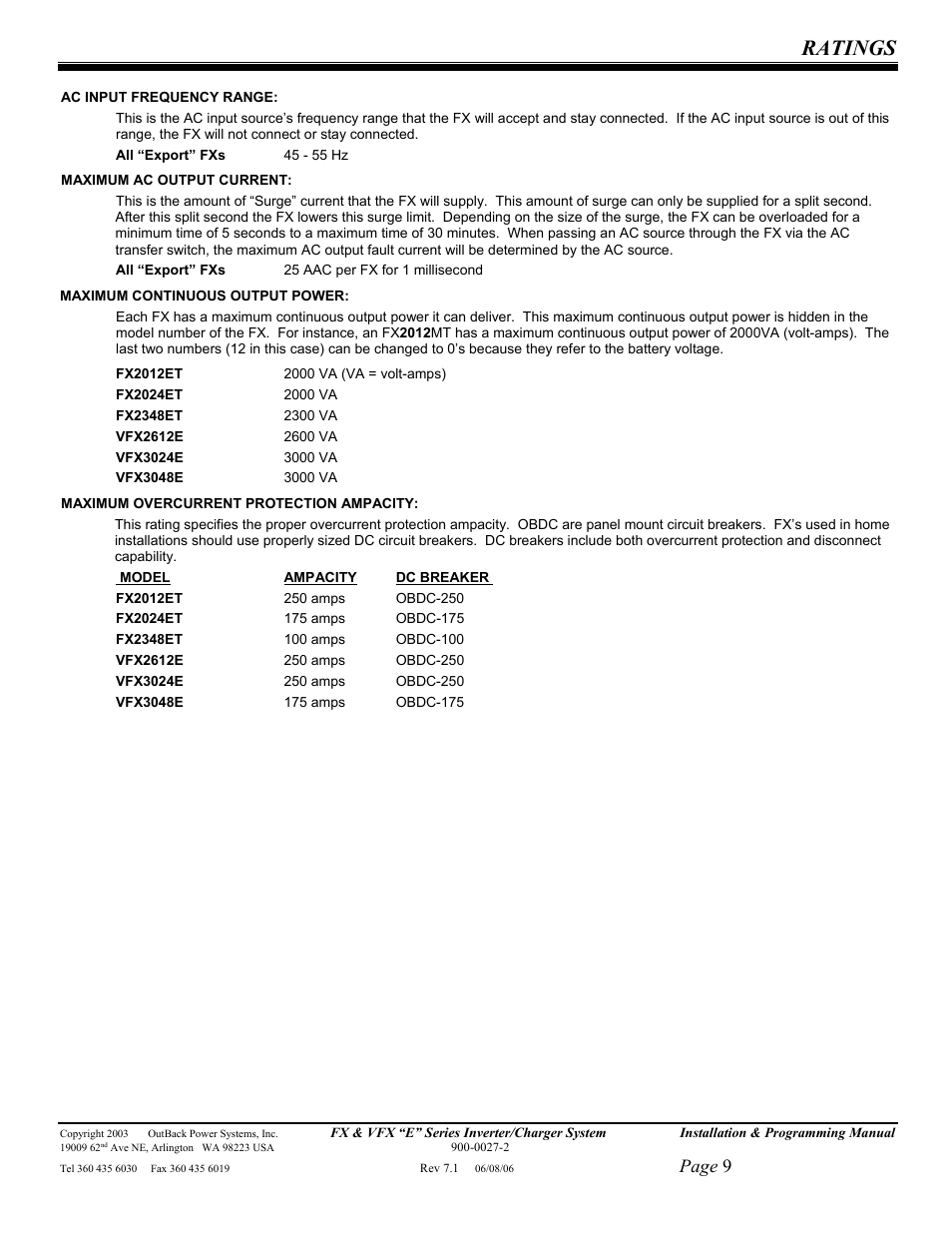 Ratings, Page 9 | Outback Power Systems Inverter/Charger VFX2612E User Manual | Page 9 / 59