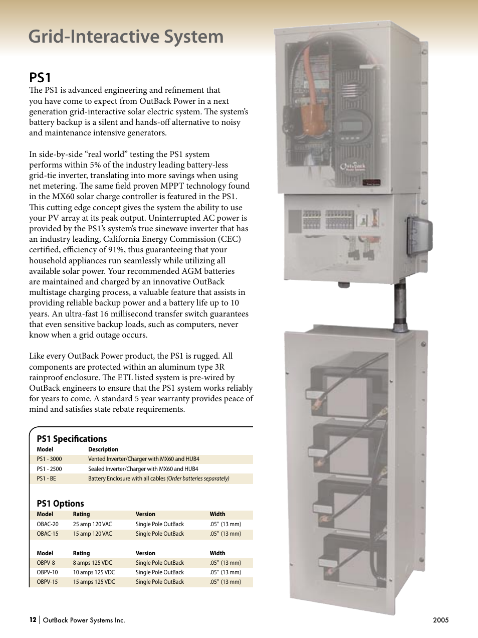 Grid-interactive system, Ps1 speciﬁcations, Ps1 options | Outback Power Systems Systems User Manual | Page 14 / 24