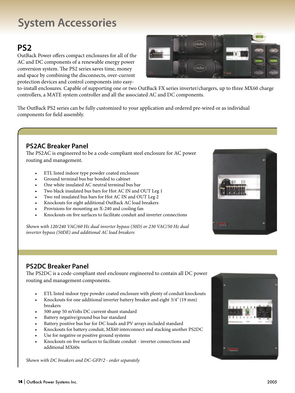 System accessories, Ps2ac breaker panel, Ps2dc breaker panel | Outback Power Systems Systems User Manual | Page 16 / 24