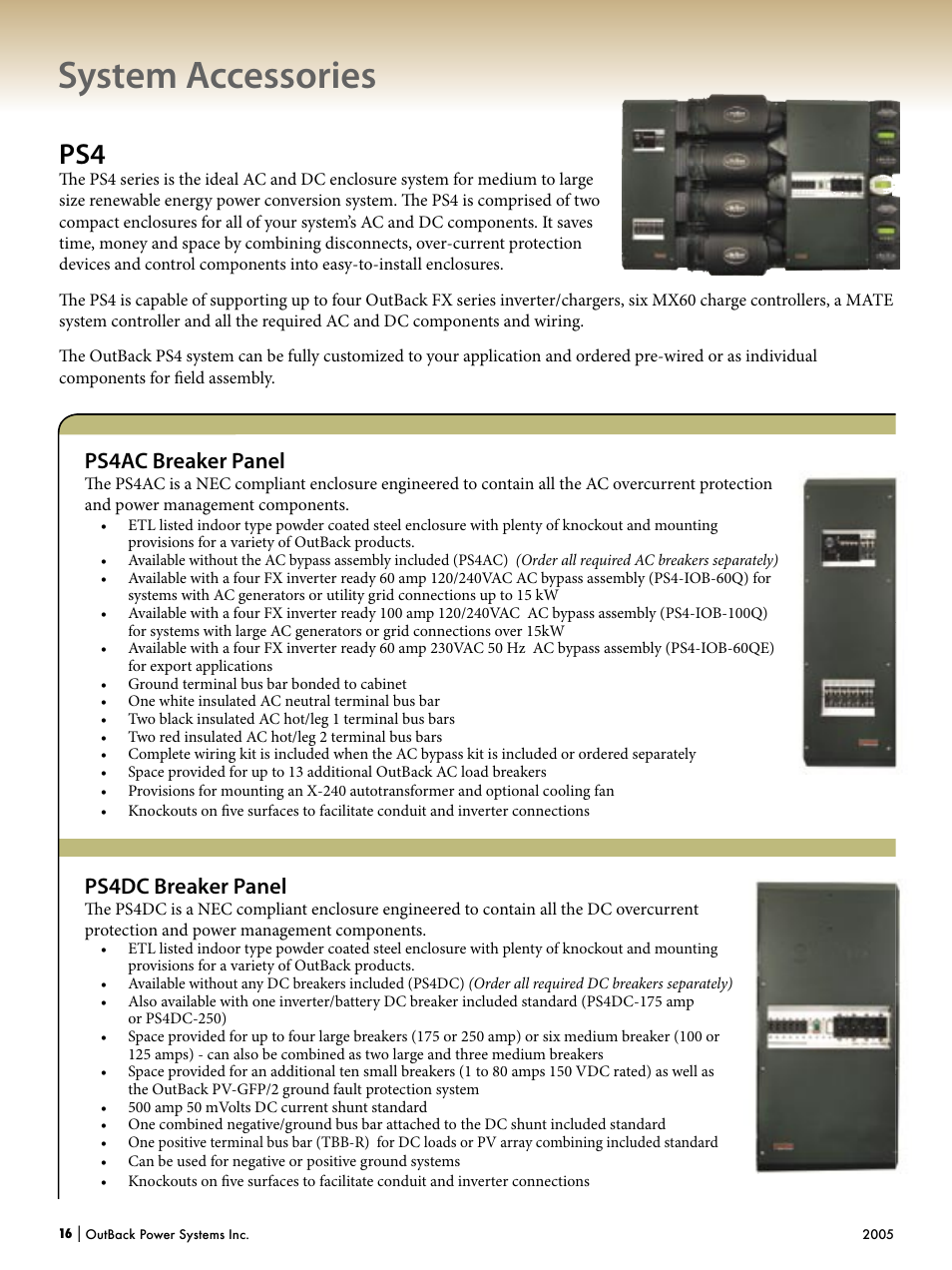 System accessories, Ps4ac breaker panel, Ps4dc breaker panel | Outback Power Systems Systems User Manual | Page 18 / 24