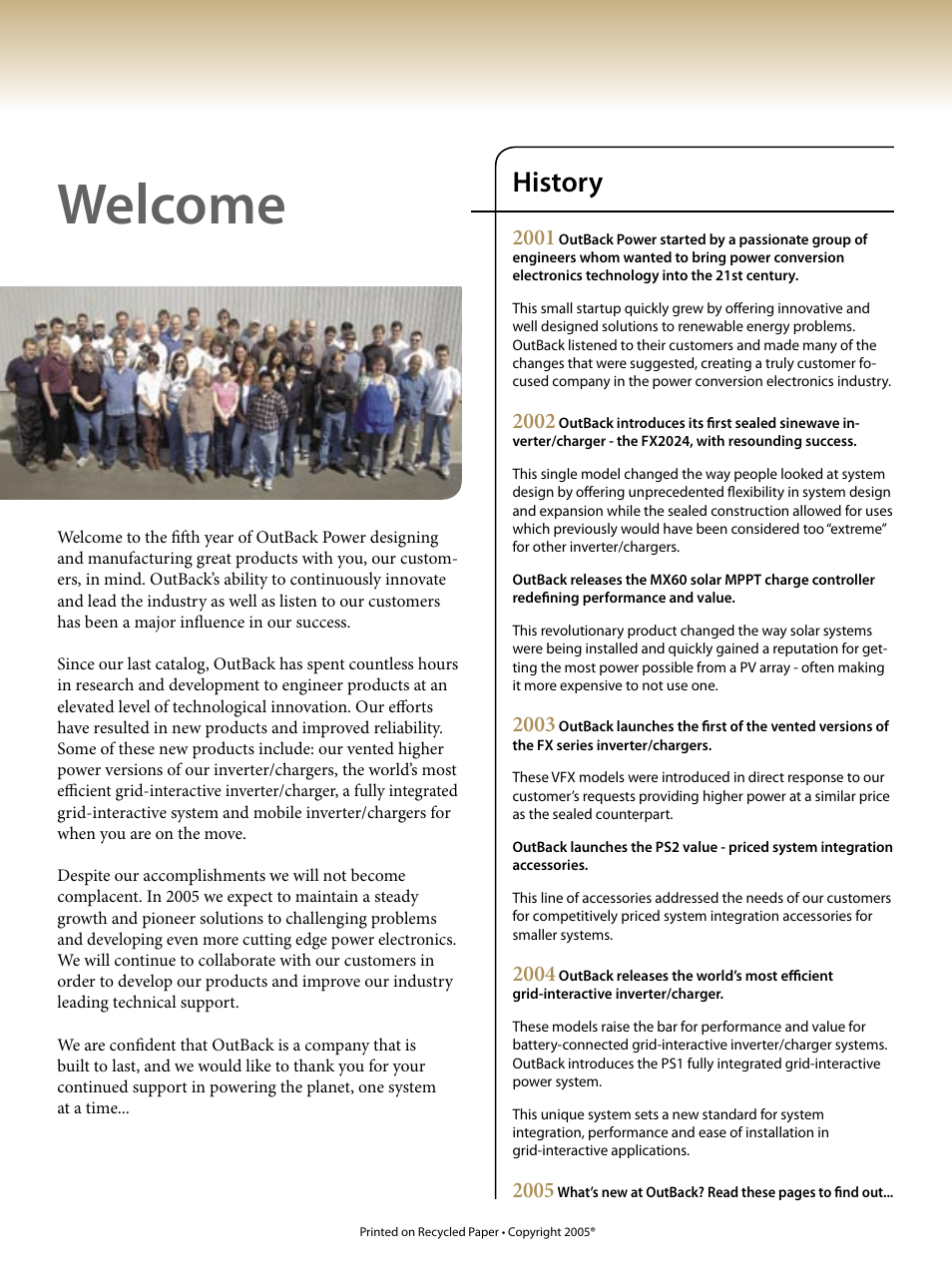 Welcome, History | Outback Power Systems Systems User Manual | Page 2 / 24