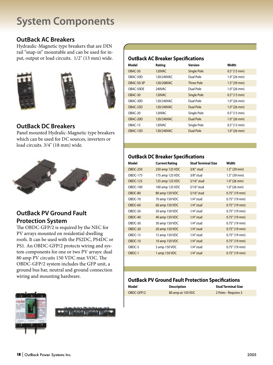 System components, Outback ac breakers, Outback dc breakers | Outback pv ground fault protection system, Outback dc breaker speciﬁ cations, Outback ac breaker speciﬁ cations, Outback pv ground fault protection speciﬁ cations | Outback Power Systems Systems User Manual | Page 20 / 24