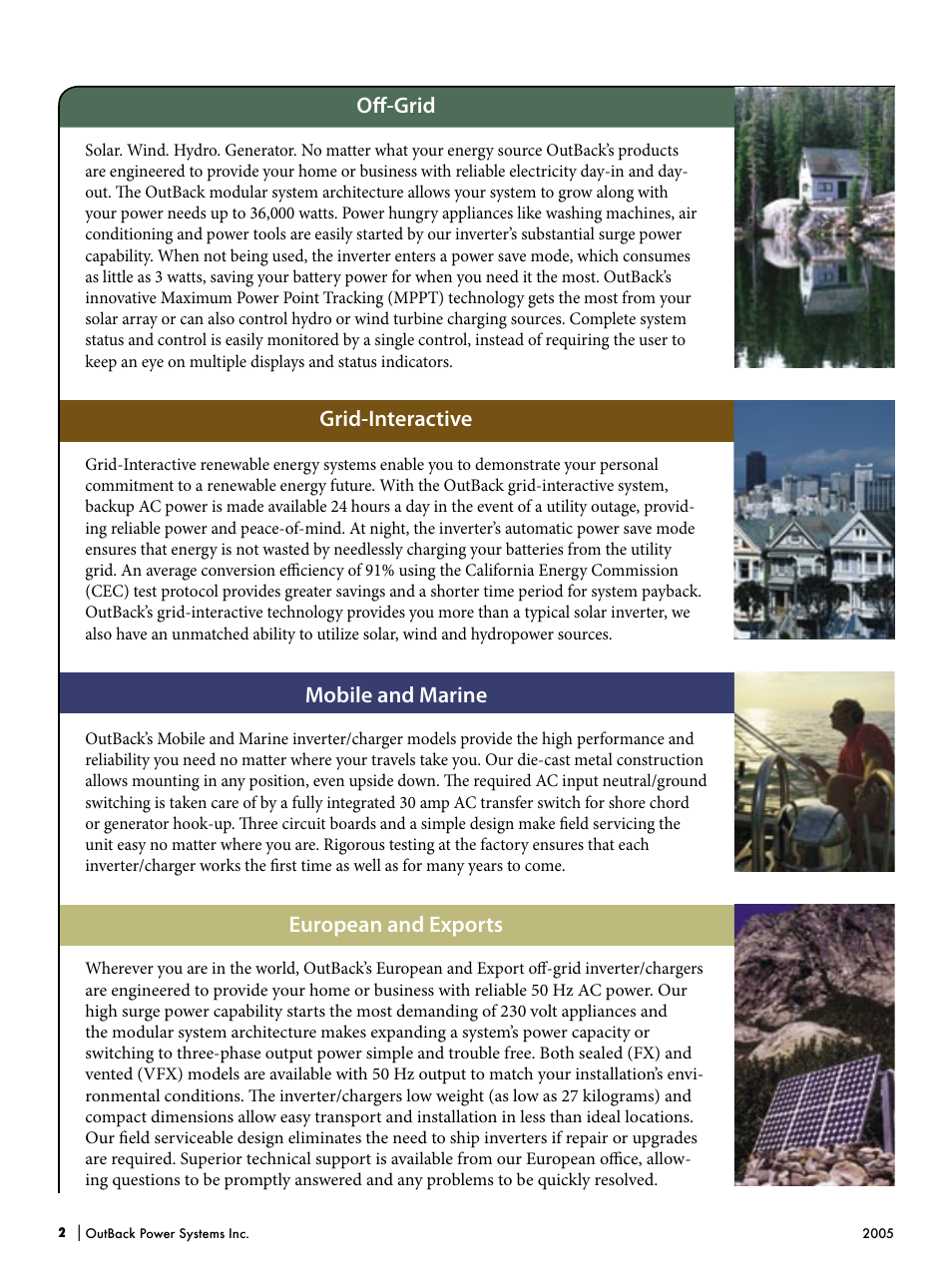 European and exports, Mobile and marine, Grid-interactive | Oﬀ-grid | Outback Power Systems Systems User Manual | Page 4 / 24