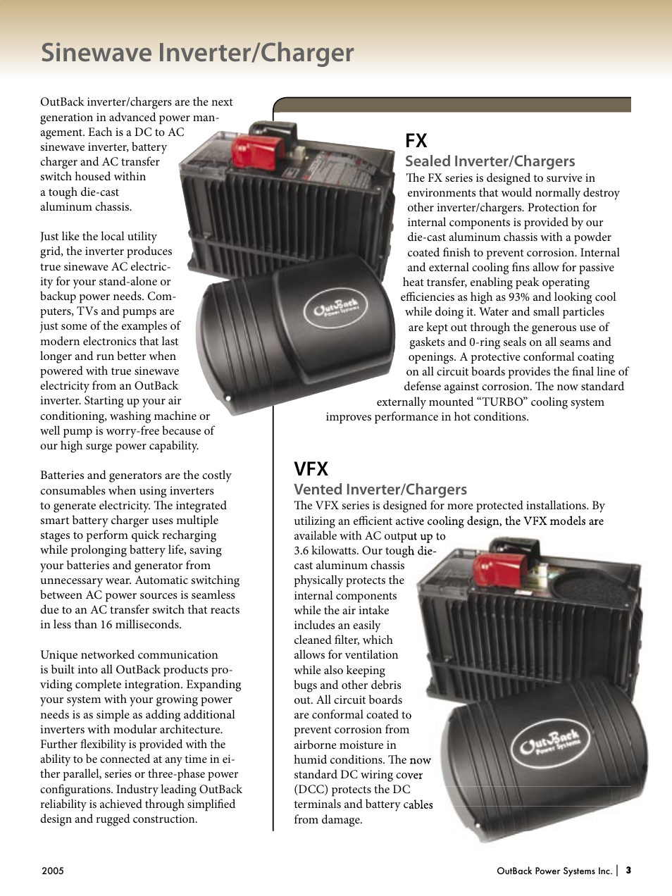 Sinewave inverter/charger, Sealed inverter/chargers, Vented inverter/chargers | Outback Power Systems Systems User Manual | Page 5 / 24