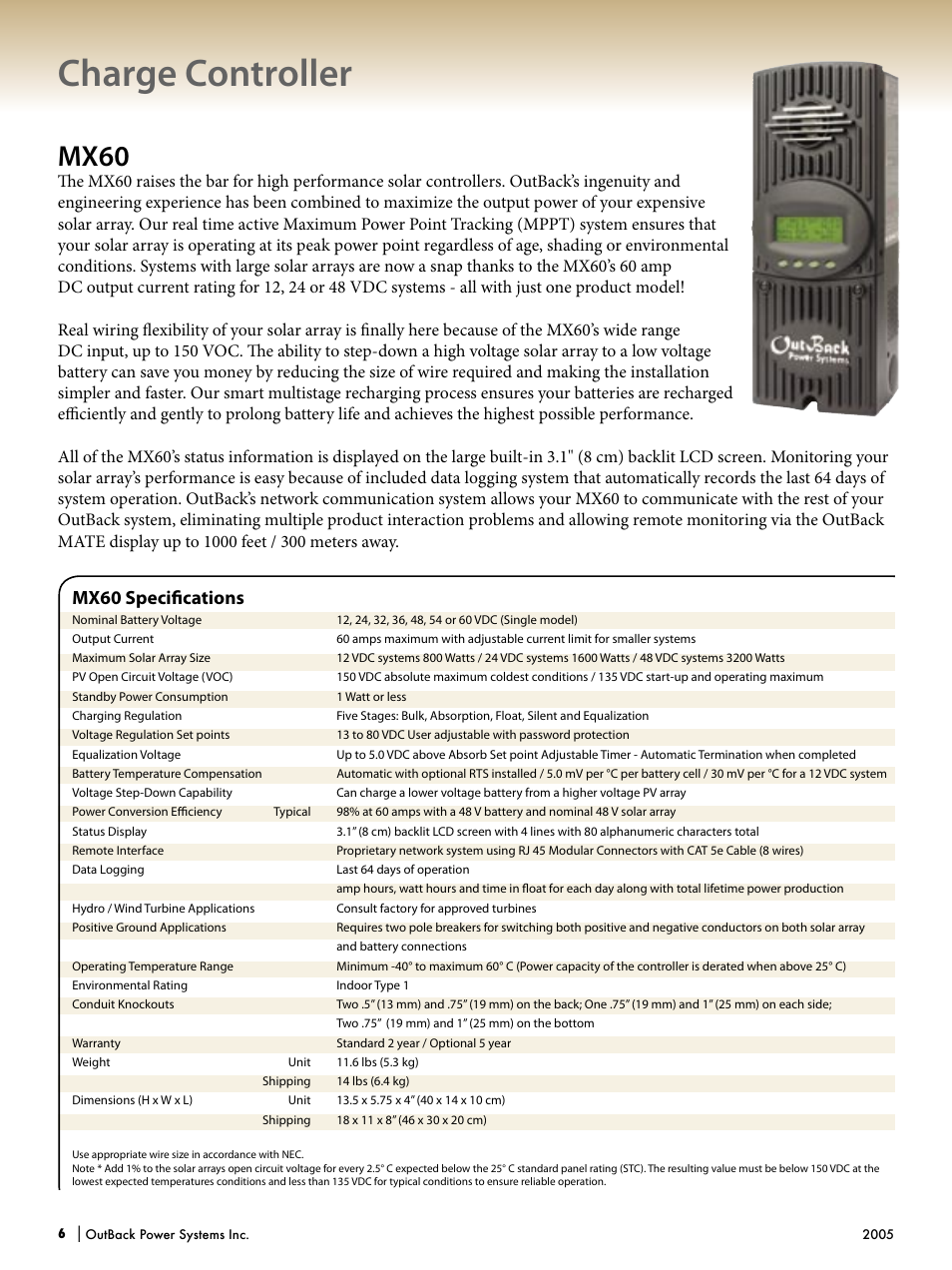 Charge controller, Mx60, Mx60 speciﬁcations | Outback Power Systems Systems User Manual | Page 8 / 24