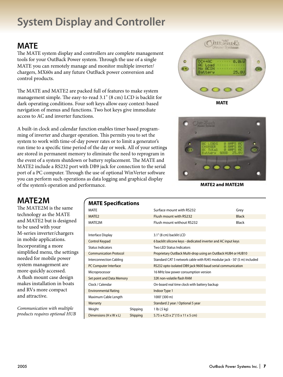 System display and controller, Mate, Mate2m | Mate speciﬁ cations | Outback Power Systems Systems User Manual | Page 9 / 24