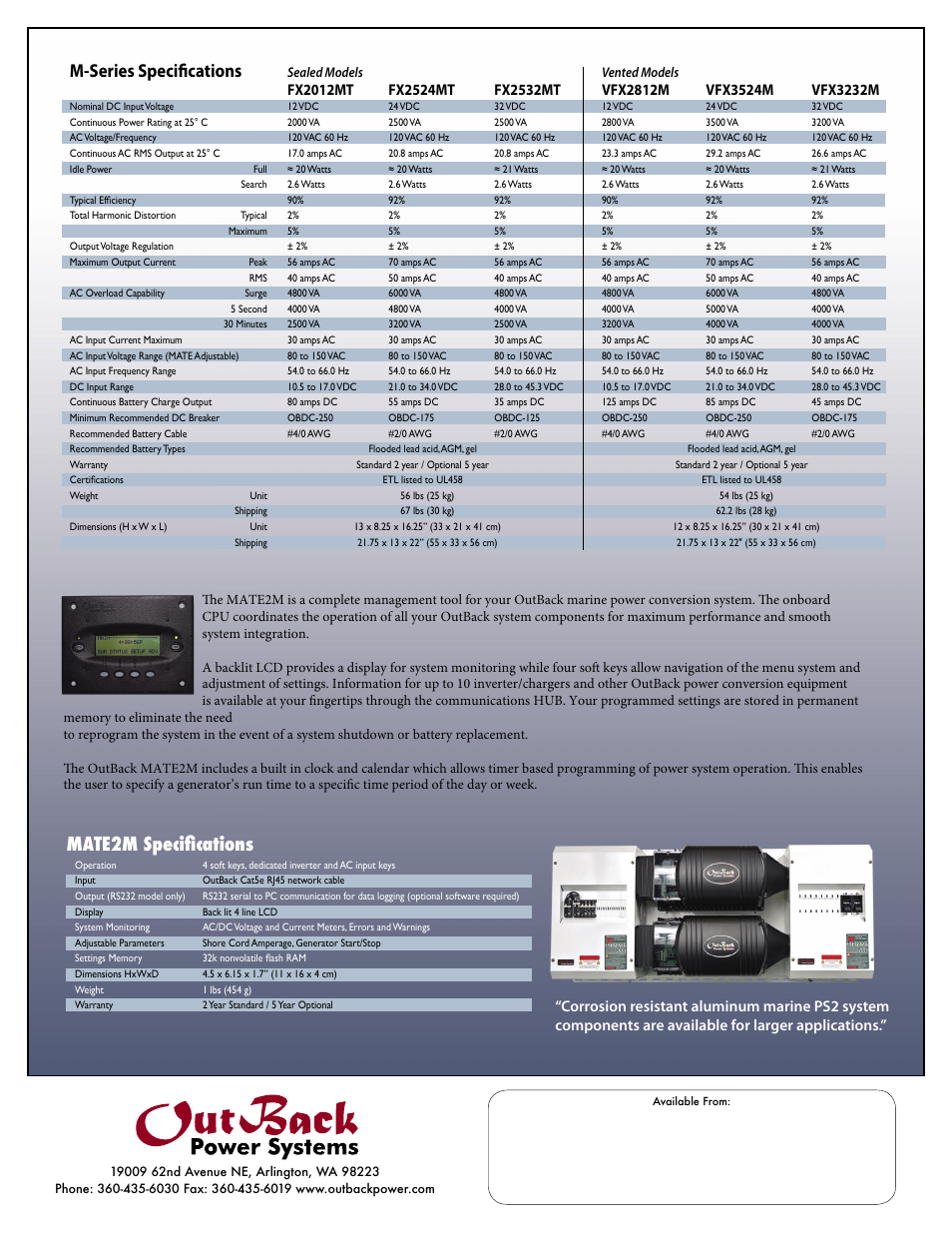 Mate2m speciﬁcations, M-series speciﬁcations, Sealed models vented models | Outback Power Systems Sealed FX User Manual | Page 2 / 2