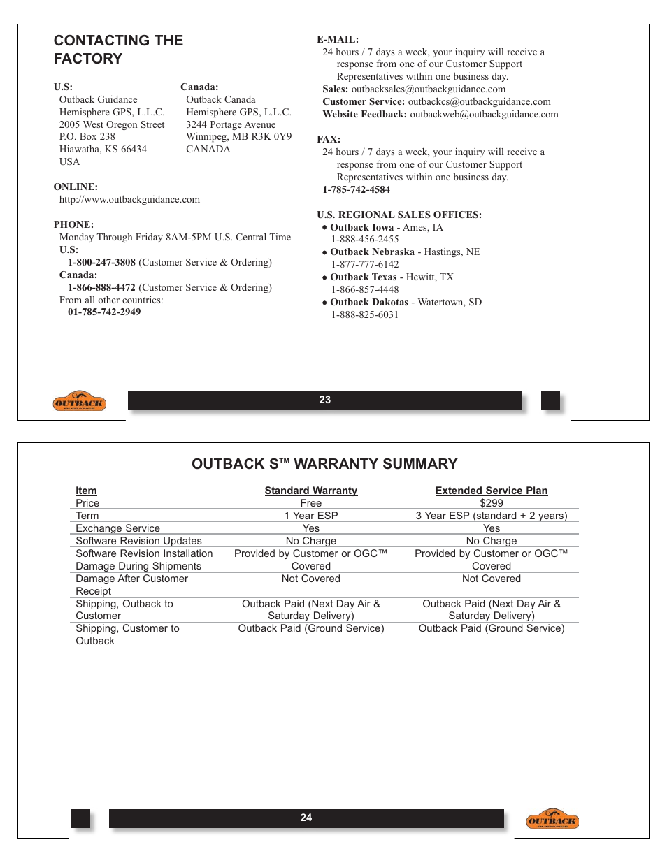 Contacting the factory, Outback s, Warranty summary | Outback Power Systems OUTBACK S DOM-OBK01 User Manual | Page 13 / 18