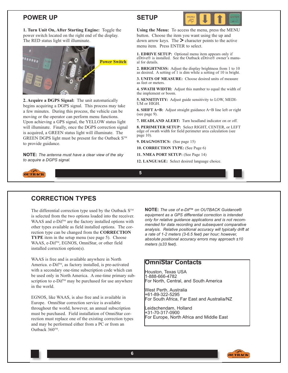 Power up, Setup, Correction types | Omnistar contacts | Outback Power Systems OUTBACK S DOM-OBK01 User Manual | Page 4 / 18