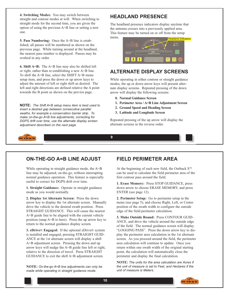 Headland presence, Alternate display screens, On-the-go a=b line adjust | Field perimeter area | Outback Power Systems OUTBACK S DOM-OBK01 User Manual | Page 6 / 18