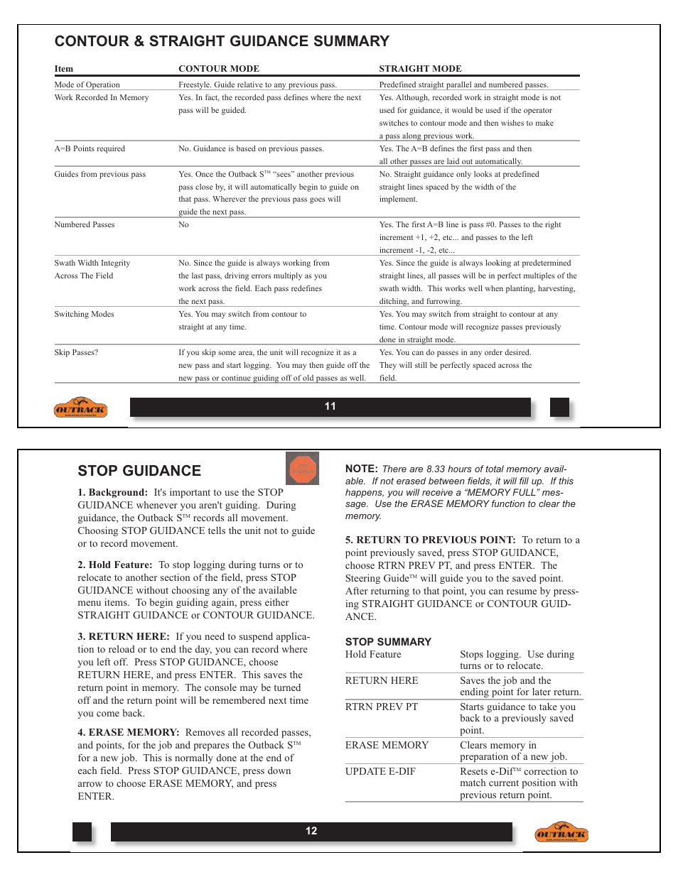 Contour & straight guidance summary, Stop guidance | Outback Power Systems OUTBACK S DOM-OBK01 User Manual | Page 7 / 18