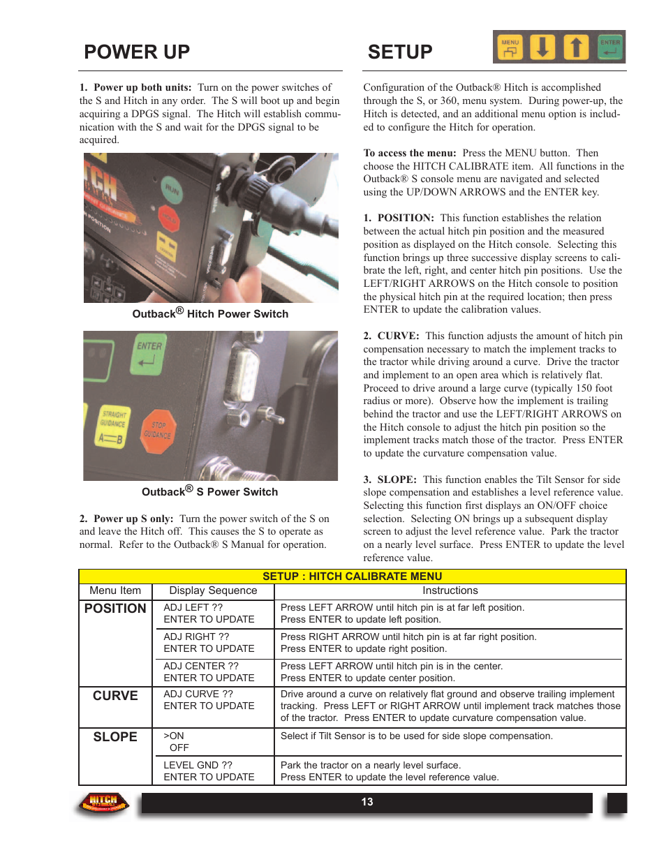 Power up, Setup, Position | Curve, Slope | Outback Power Systems Hitch DOM-OBK03 User Manual | Page 15 / 32